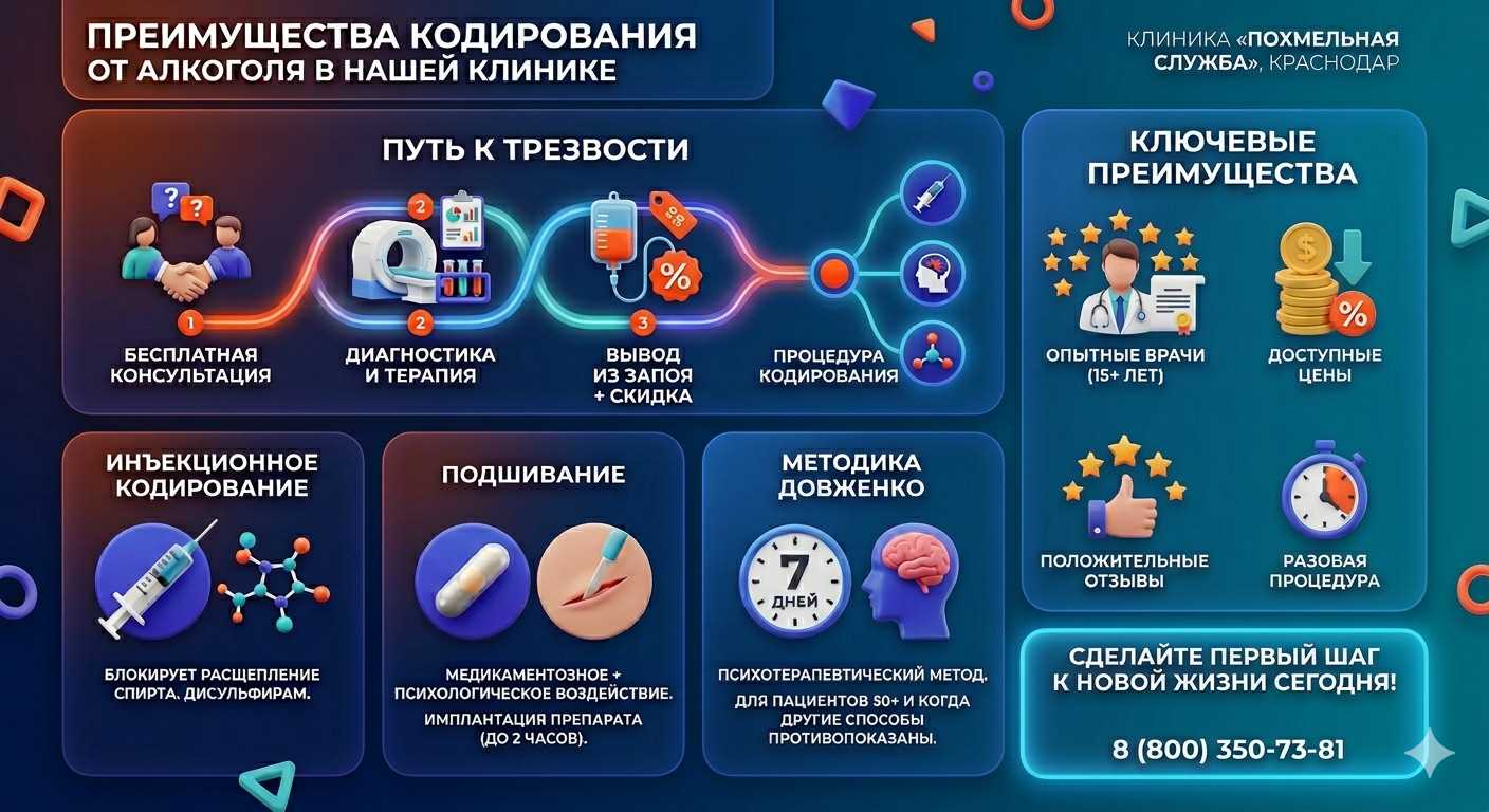 Инфографика о методах кодирования от алкоголя в городе Строитель: инъекции, подшивание, метод Довженко. Преимущества клиники и этапы лечения.