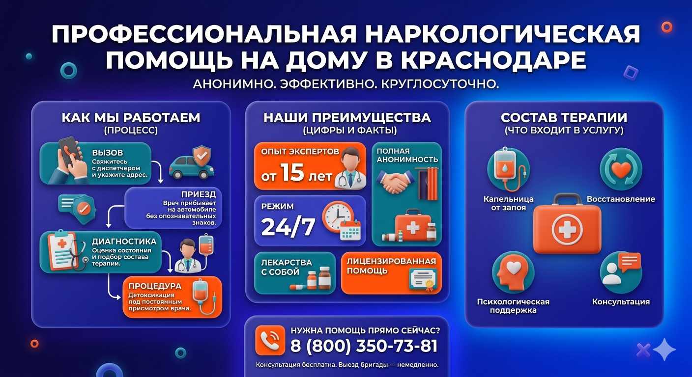 Инфографика о принципах лечения алкоголизма на дому в городе Строитель: этапы вызова нарколога, преимущества анонимной детоксикации и состав медицинской помощи.